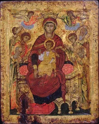 Madonna mit Kind auf dem Thron mit Heiligen, Ikone der griechischen Inseln, frühes 18. Jahrhundert